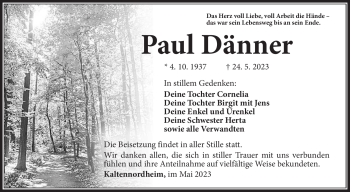 Traueranzeige von Paul Dänner von Südthüringer Presse