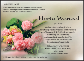Traueranzeige von Herta Wenzel von Südthüringer Presse