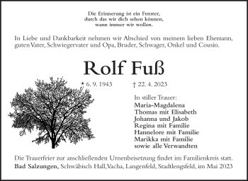 Traueranzeige von Rolf Fuß von Südthüringer Presse