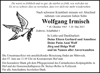 Traueranzeige von Wolfgang Irmisch von Frankenpost
