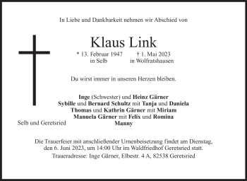 Traueranzeige von Klaus Link von Frankenpost
