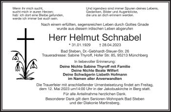 Traueranzeige von Helmut Schnabel von Frankenpost