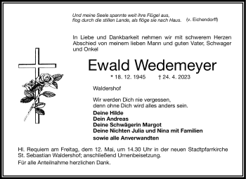 Traueranzeige von Ewald Wedemeyer von Frankenpost