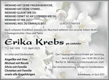 Traueranzeige von Erika Krebs von Südthüringer Presse