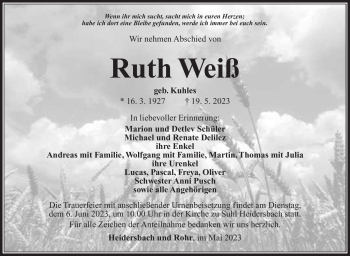 Traueranzeige von Ruth Weiß von Südthüringer Presse