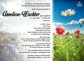 Traueranzeige von Anneliese Wachter von Südthüringer Presse