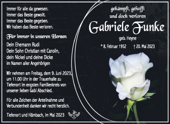 Traueranzeige von Gabriele Funke von Südthüringer Presse