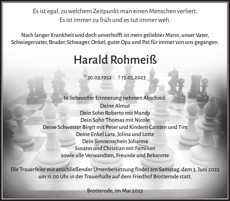  Traueranzeige für Harald Rohmeiß vom 27.05.2023 aus Südthüringer Presse