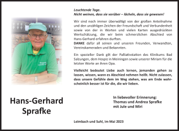 Traueranzeige von Hans-Gerhard Sprafke von Südthüringer Presse