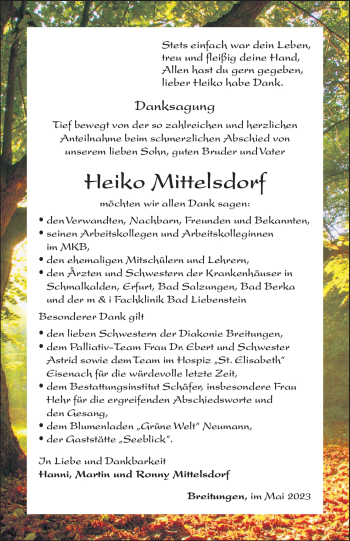 Traueranzeige von Heiko Mittelsdorf von Südthüringer Presse
