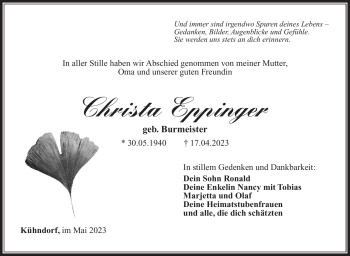 Traueranzeige von Christa Eppinger von Südthüringer Presse