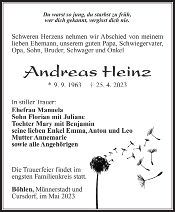 Traueranzeige von Andreas Heinz von Südthüringer Presse