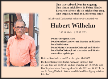 Traueranzeige von Hubert Wilhelm von Südthüringer Presse