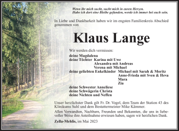 Traueranzeige von Klaus Lange von Südthüringer Presse