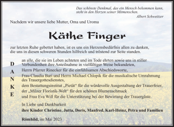 Traueranzeige von Käthe Finger von Südthüringer Presse