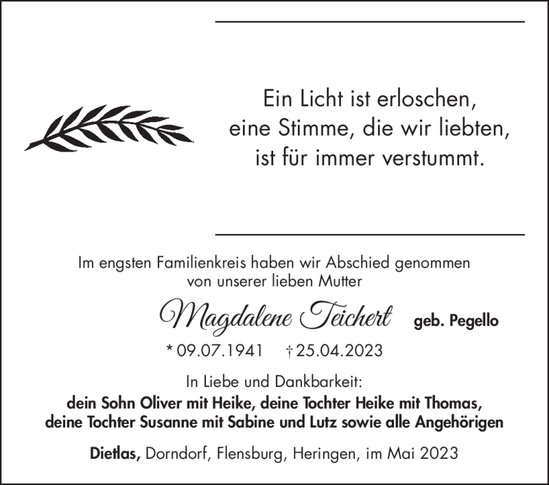  Traueranzeige für Magdalene Teichert vom 27.05.2023 aus Südthüringer Presse