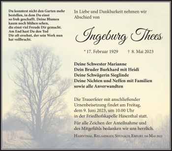 Traueranzeige von Ingeburg Thees von Südthüringer Presse