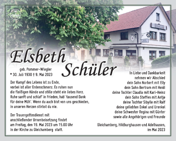Traueranzeige von Elsbeth Schüler von Südthüringer Presse