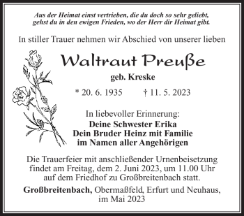 Traueranzeige von Waltraud Preuße von Südthüringer Presse