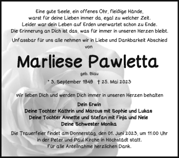 Traueranzeige von Marliese Pawletta von Frankenpost