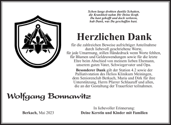 Traueranzeige von Wolfgang Bonnawitz von Südthüringer Presse