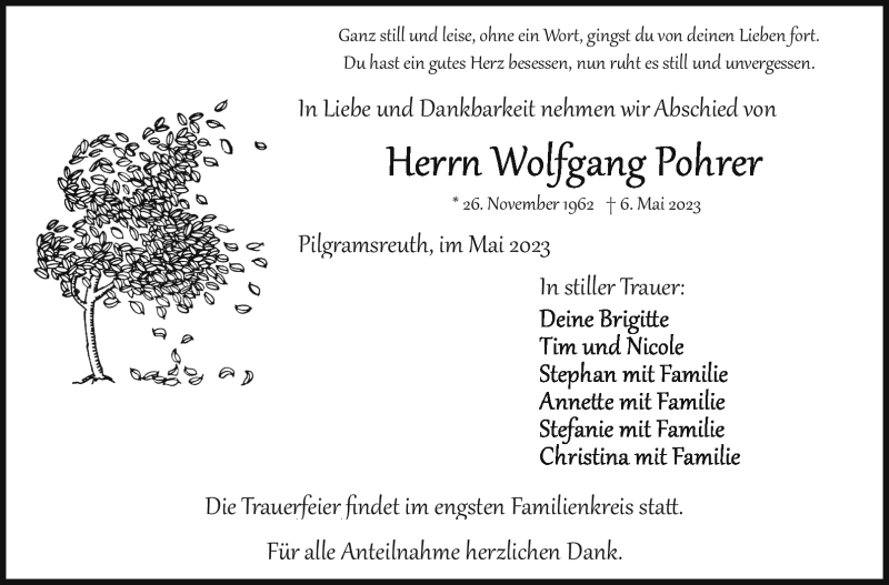  Traueranzeige für Wolfgang Pohrer vom 26.05.2023 aus Frankenpost