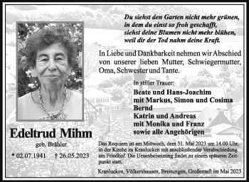 Traueranzeige von Edeltrud Mihm von Südthüringer Presse