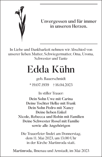 Traueranzeige von Edda Kühn von Südthüringer Presse