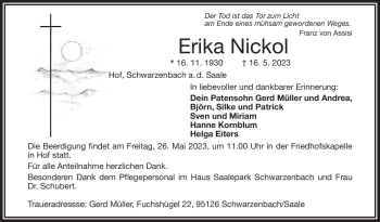 Traueranzeige von Erika Nickol von Frankenpost
