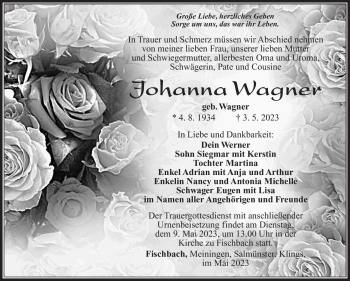 Traueranzeige von Johanna Wagner von Südthüringer Presse