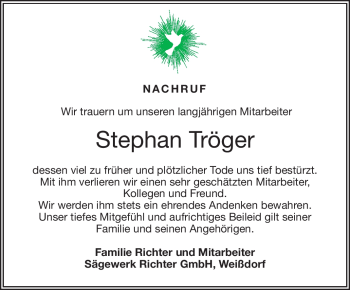 Traueranzeige von Stephan Tröger von Frankenpost