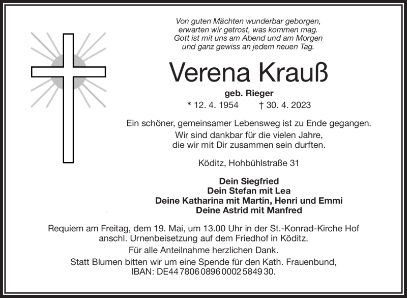  Traueranzeige für Verena Krauß vom 13.05.2023 aus Frankenpost