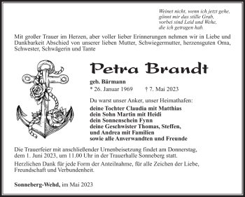 Traueranzeige von Petra Brandt von Südthüringer Presse