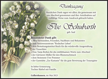 Traueranzeige von Ilse Schubarth von Südthüringer Presse