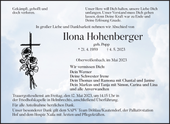 Traueranzeige von Ilona Hohenberger von Frankenpost