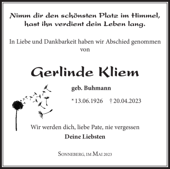 Traueranzeige von Gerlinde Kliem von Südthüringer Presse