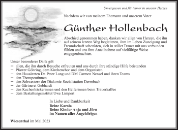 Traueranzeige von Günther Hollenbach von Südthüringer Presse