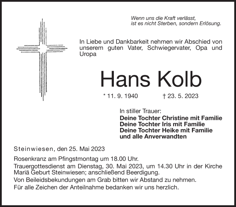  Traueranzeige für Hans Kolb vom 25.05.2023 aus Neue Presse Coburg