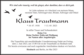 Traueranzeige von Klaus Trautmann von Südthüringer Presse