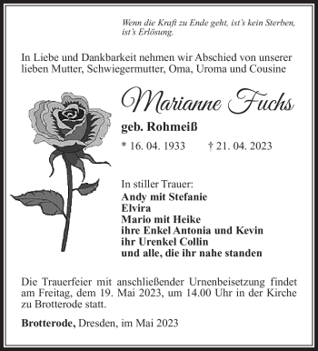 Traueranzeige von Marianne Fuchs von Südthüringer Presse