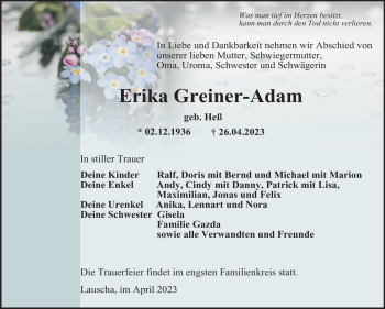 Traueranzeige von Erika Greiner-Adam von Südthüringer Presse