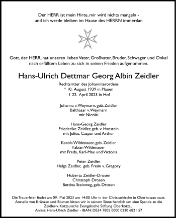 Traueranzeige von Hans-Ulrich Zeidler von Frankenpost
