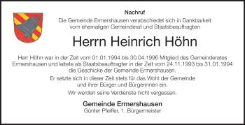 Traueranzeige von Heinrich Höhn von Neue Presse Coburg