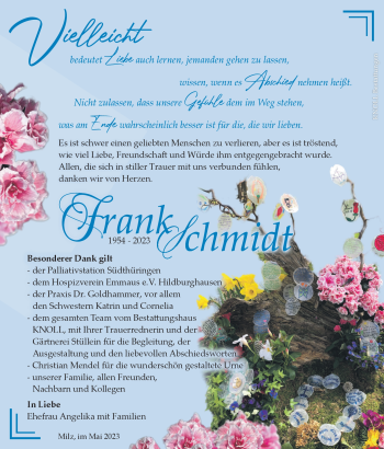 Traueranzeige von Frank Schmidt von Südthüringer Presse