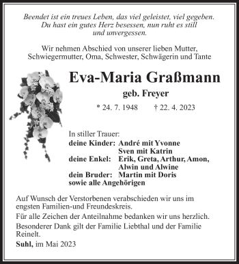 Traueranzeige von Eva-Maria Graßmann von Südthüringer Presse