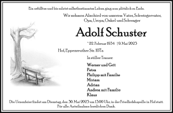Traueranzeige von Adolf Schuster von Frankenpost