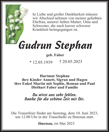 Traueranzeige von Gudrun Stephan von Südthüringer Presse