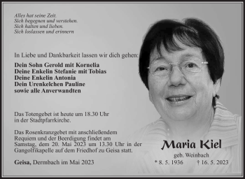 Traueranzeige von Maria Kiel von Südthüringer Presse