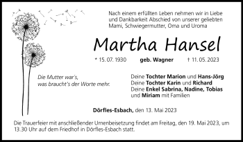 Traueranzeige von Martha Hansel von Neue Presse Coburg