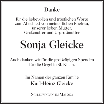 Traueranzeige von Sonja Gleicke von Südthüringer Presse